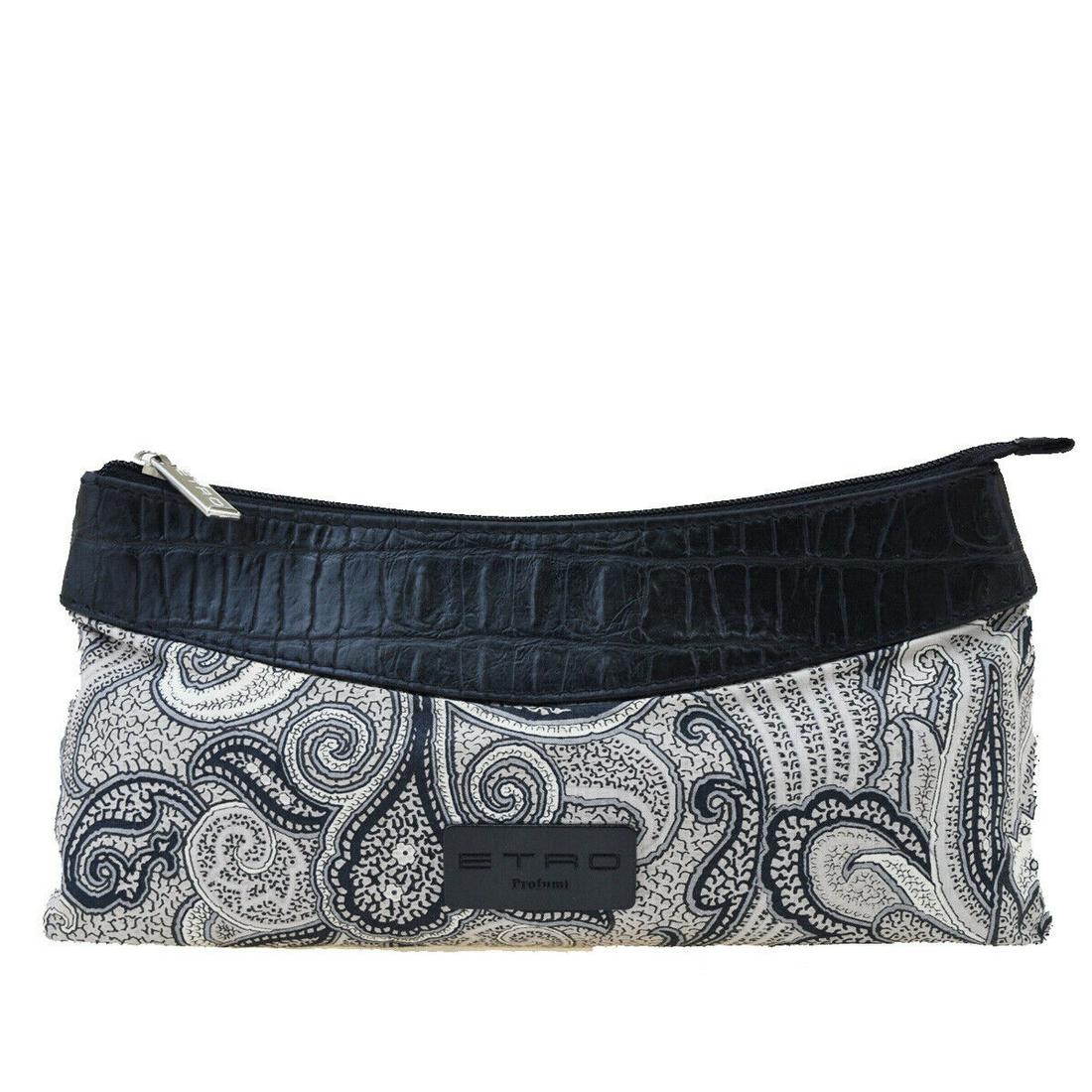 Authentic ETRO Nylon, Embossing Leather Pouch: Brand: ETROMaterial: Nylon, Embossing LeatherStyle: PouchColor: BlackSize(inch): W 7.9 x H 4.7 x D 2.4 "(approx.)Country of Origin: ItalyCome with: -All Bidhaus items come with a 100% money-back authe