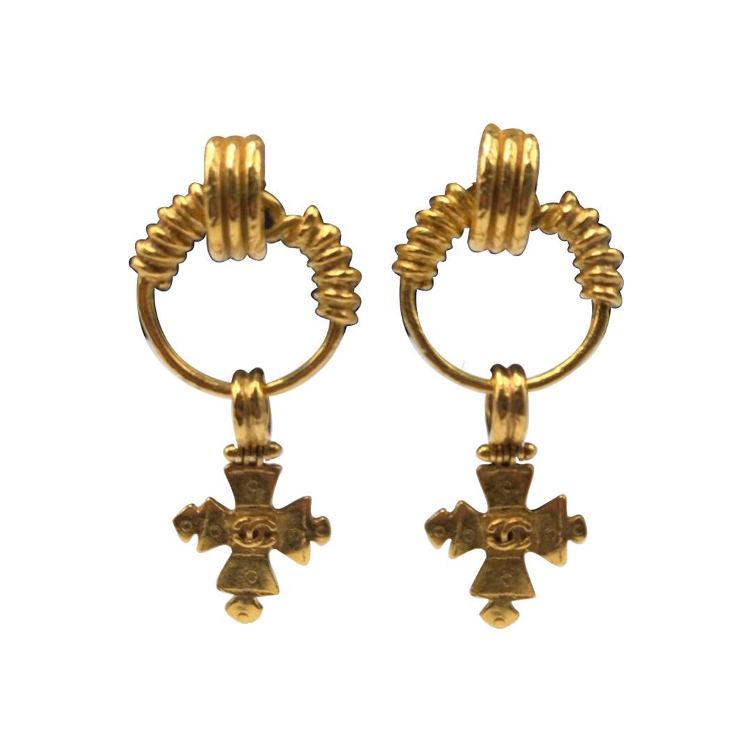 Authentic Chanel Byzantine Inspired Cross Earrings.: Brand: Chanel Material: Gold-plated Style: EarringsClip HallMark: Chanel Country of Origin: France All Bidhaus items come with a 100% money-back authenticity guarantee. ALL SALES ARE FINAL. Please ref