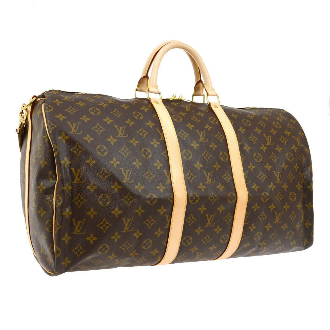 Authentic LOUIS VUITTON Monogram Canvas, Leather Travel: Brand: LOUIS VUITTON Material: Monogram Canvas, Leather Style: Travel Hand Bag Color: Brown Size(inch): W21.3 x H11.8 x D9.1 " / Strap Drop: 18.1-20.5 Size(inch): W 21.3 x H 11.8 x D 9.1 "Handle Drop.