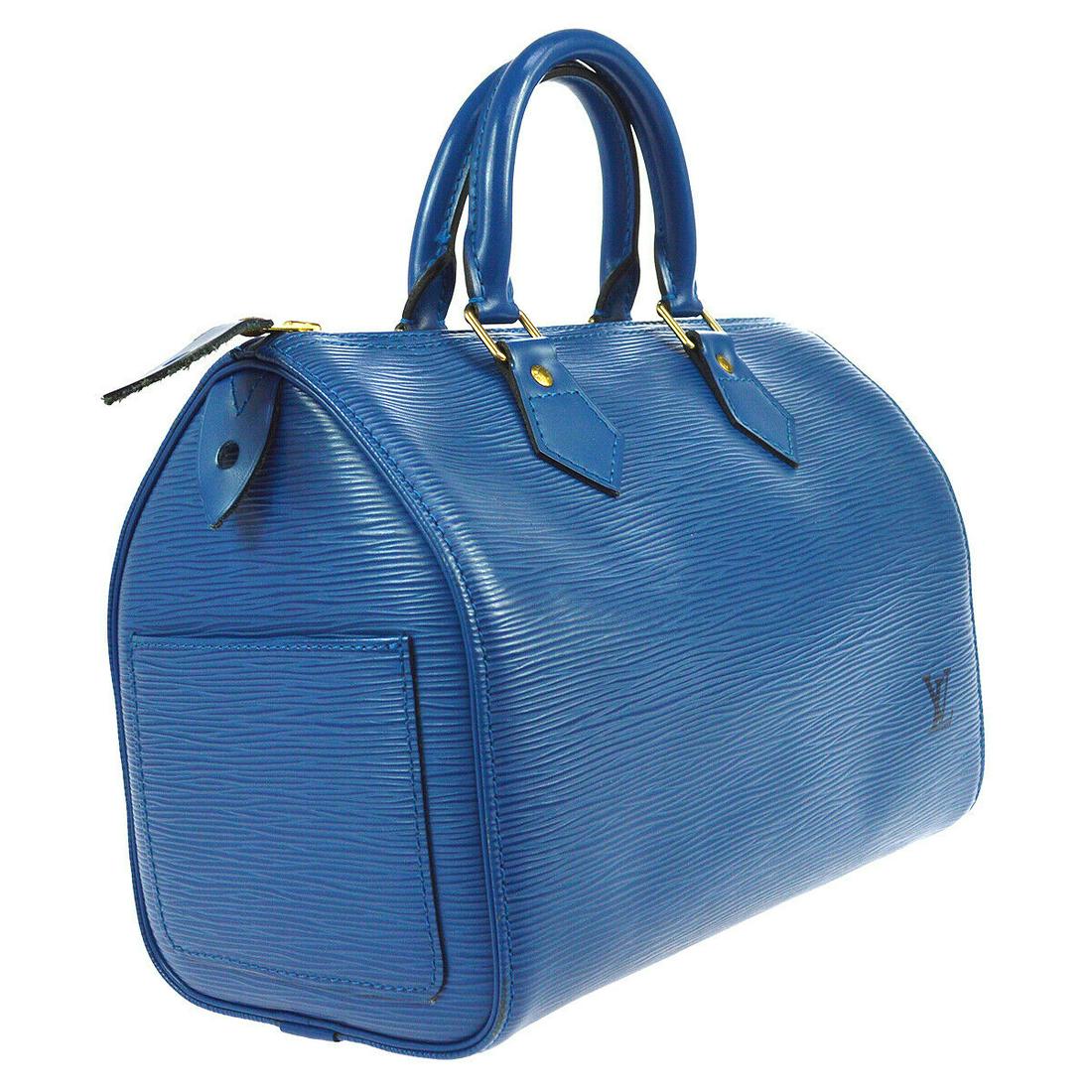 Authentic LOUIS VUITTON SPEEDY 25 Epi Leather Hand Bag: Brand: LOUIS VUITTON Material: Epi Leather Style: Hand Bag Color: Blue Size(inch): W10.8 x H7.5 x D5.9 " / Strap Drop: 3.1 Size(inch): W 10.8 x H 7.5 x D 5.9"Handle Drop. 3.1 " Country of Origin: Fran