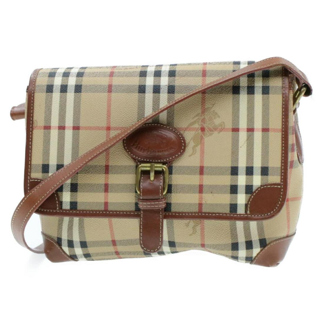 Authentic BURBERRYS PVC Leather Shoulder Bag: Brand: BURBERRYS Material: PVC Leather Style: Shoulder Bag Color: Beige Size(inch): W9.44 x H7.48 x D3.14â€³ / Shoulder Drop 16.92-19.68â€³(Approx) Country of Origin: England Accessory: There
