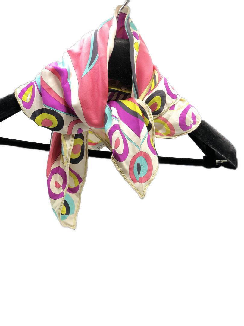 Authentic Emilio Pucci Silk Scarf: Brand: Emilio Pucci Material: Silk Style: Scarf Color: Multi color Size(inch): 22 x 22 Country of Origin: Italy All Bidhaus items come with a 100% money-back authenticity guarantee. ALL SALES ARE FINA
