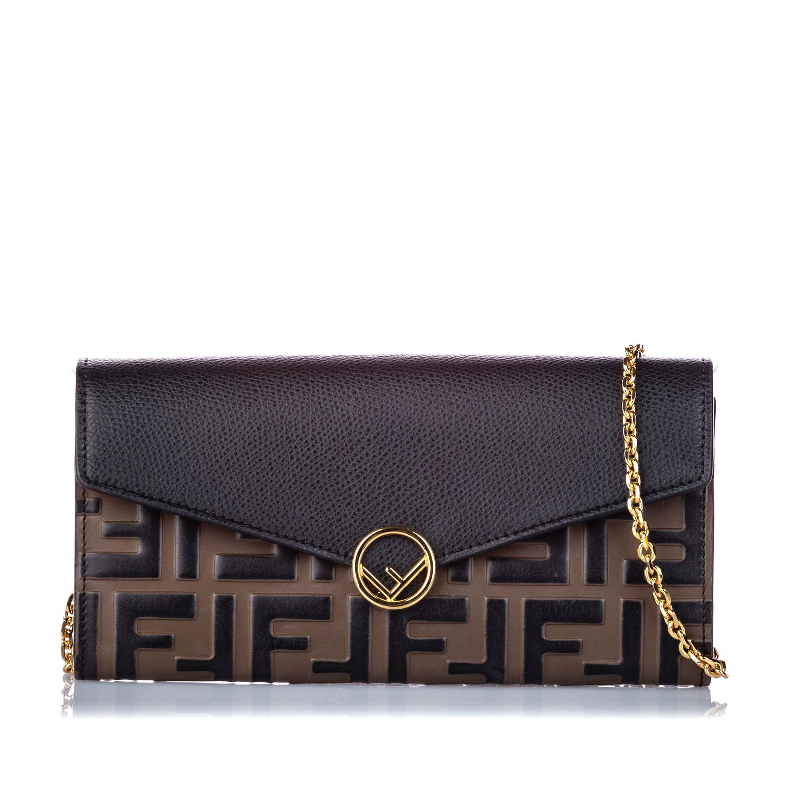 Authentic Fendi Zucca Leather Wallet On Chain: This wallet on chain features an embossed leather body, a chain-link strap, a front flap with magnetic snap closure, and interior zip and slip pockets.Brand: Fendi Model: Zucca Leather Wallet on Chain