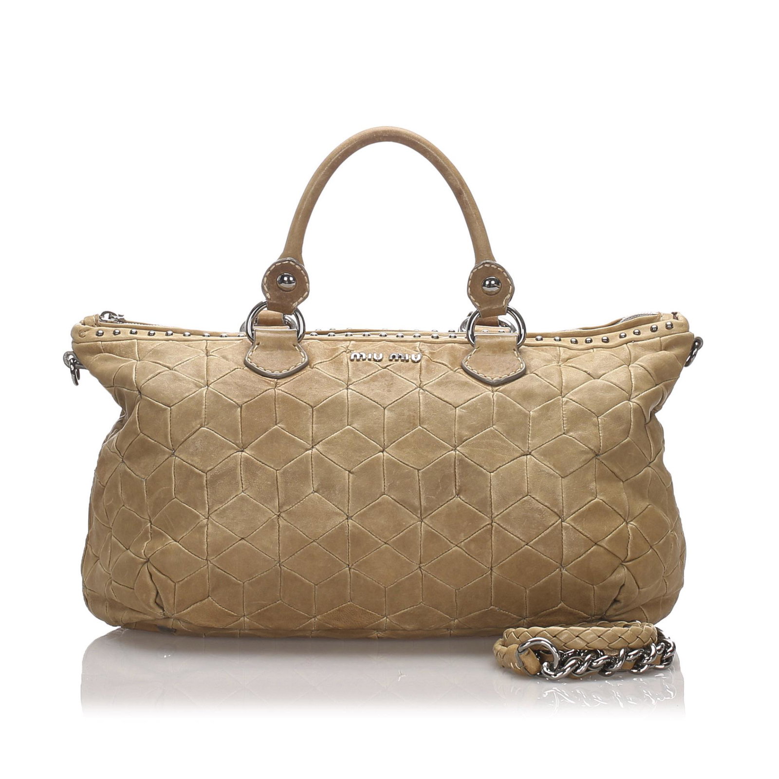 Authentic Miu Miu Quilted Leather Satchel: This satchel features a quilted leather body, rolled leather handles, and a top zip closure.Brand: Miu Miu Model: Quilted Leather Satchel Origin: Italy Style: Others Category: Satchel Color: Brown x B