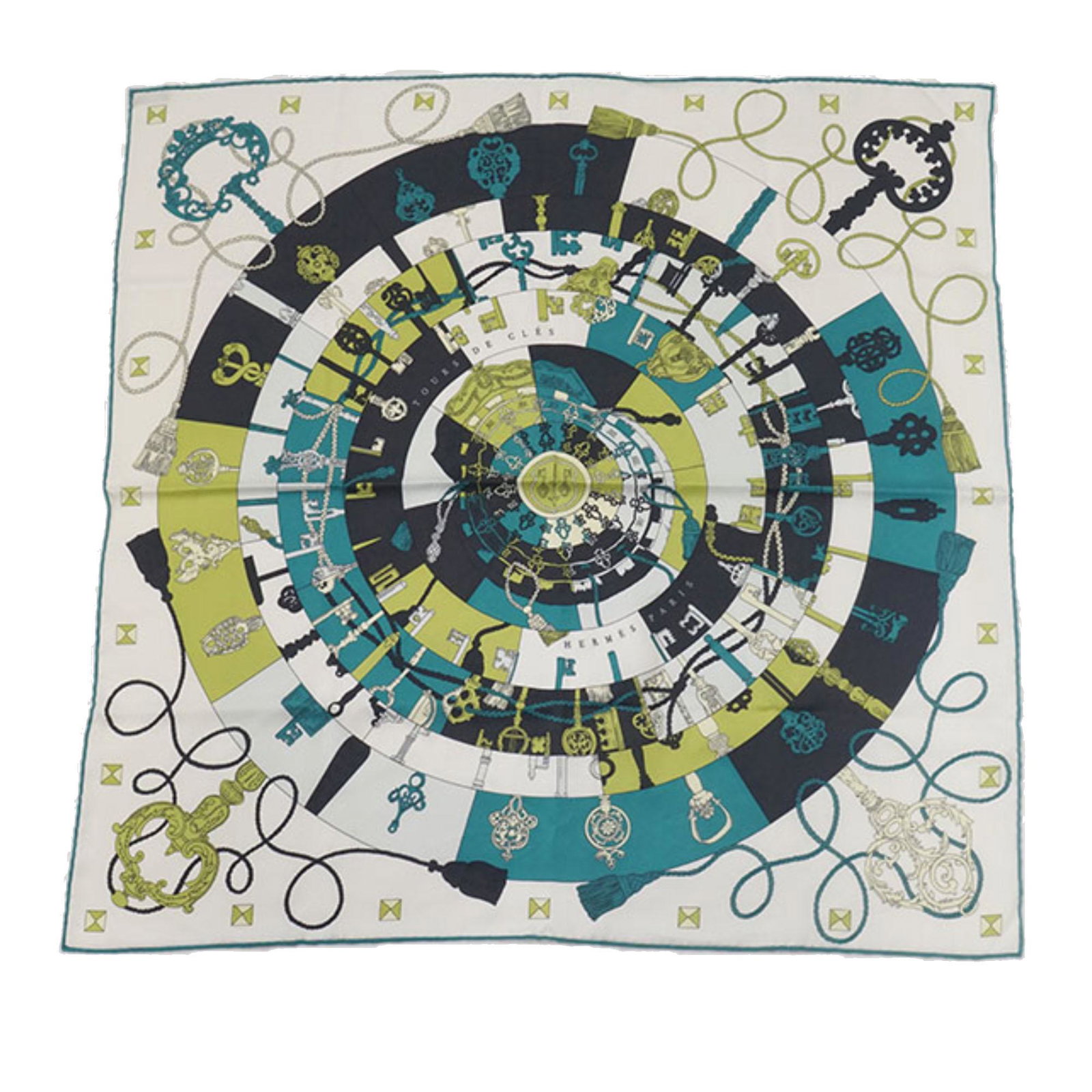 Authentic Hermes Tours De Cles Silk Scarf: The Tours de Cles scarf features a print on 100% silk.Brand: Hermes Model: Tours de Cles Silk Scarf Origin: France Style: Others Category: Scarves Color: White x Multi Materials: Fabric x Silk Conditi