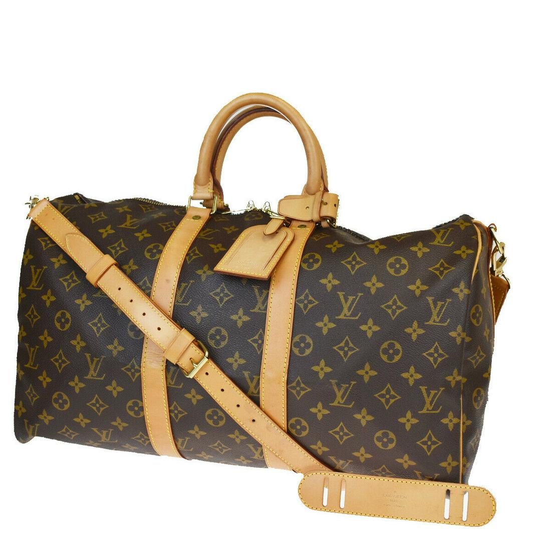 Authentic LOUIS VUITTON Monogram Leather Hand Bag: Brand: LOUIS VUITTON Material: Monogram leather Style: Hand Bag Color: Brown Size(inch): W 17.7 x H 10.2 x D 7.9"(approx.) Country of Origin: France Come with: Shoulder strap,Handle holder,Name tag Al