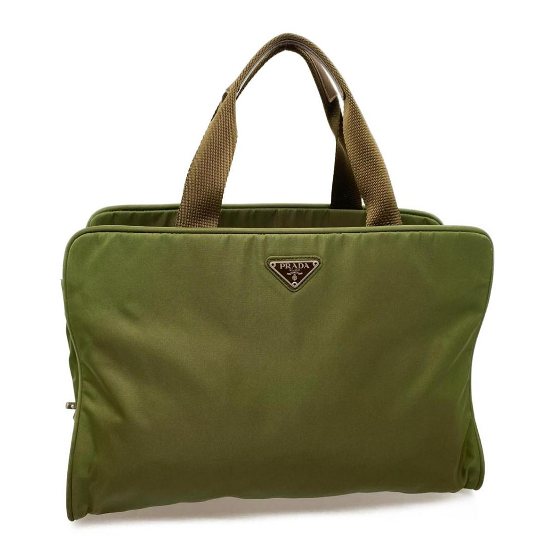 Authentic PRADA Nylon Hand Bag: Brand: PRADA Material: Nylon Style: Hand Bag Color: Khaki Size(inch): W14.17 x H9.84 x D5.11inch(Approx) Country of Origin: Italy Accessory: There is no item box and dust bag. We will send only the it
