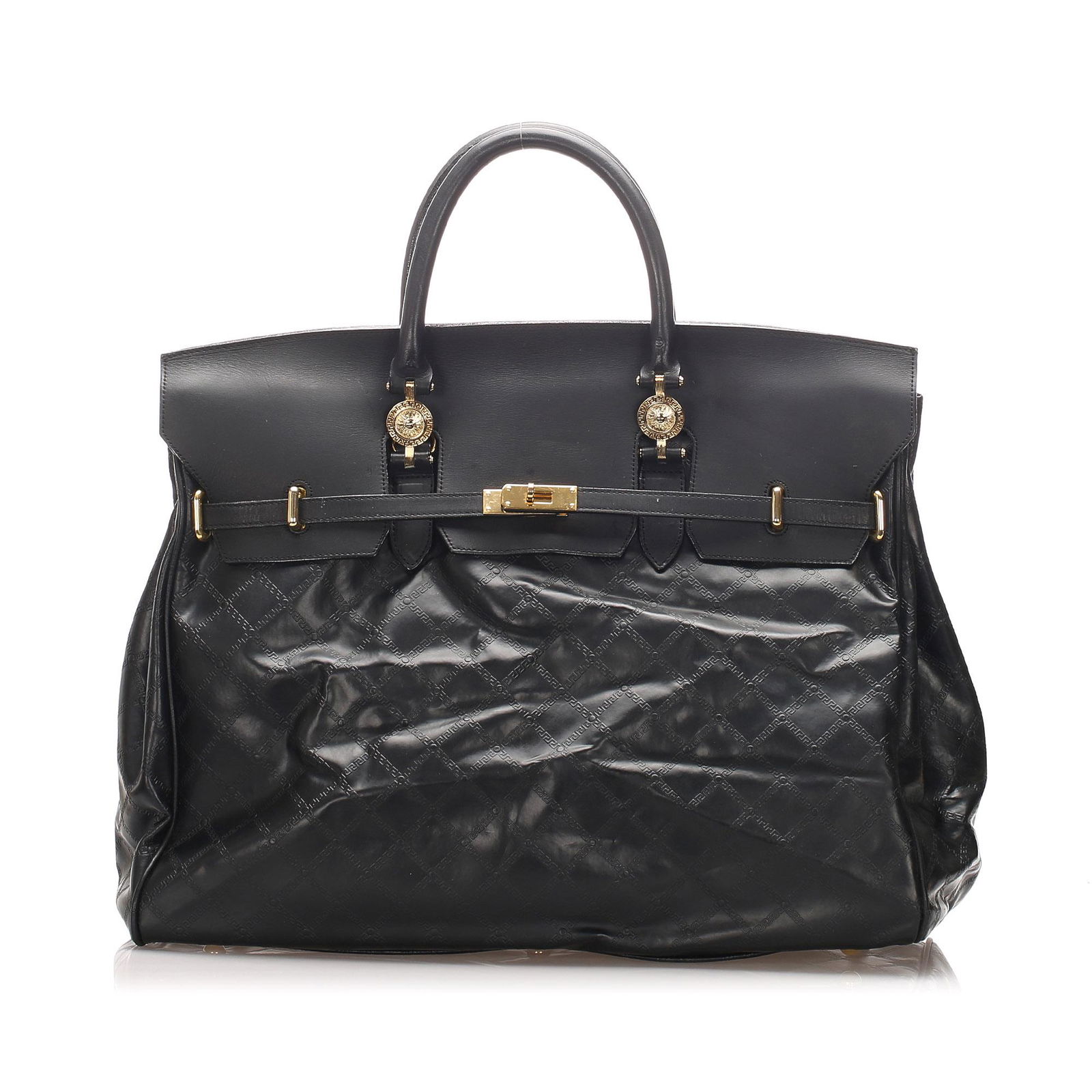 Authentic Versace Leather Travel Bag: This travel bag features a leather body, a back exterior zip pocket, rolled leather handles, a front flap with a metal lock closure, and an interior zip pocket.Brand: Versace Model: Leather Travel Bag