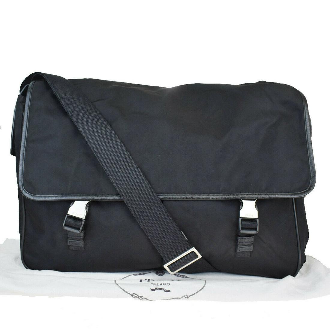 Authentic PRADA Leather, Nylon Shoulder Bag: Brand: PRADA Material: Leather, Nylon Style: Shoulder Bag Color: Black Size(inch): W 15.7 x H 11 x D 6.3 "(approx.) Country of Origin: Italy Come with: Dust bag All Bidhaus items come with a 100% mone
