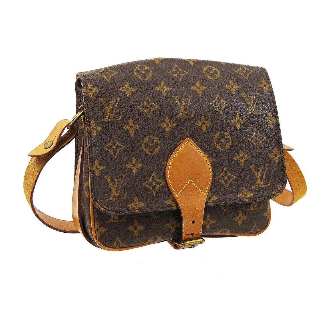 Authentic LOUIS VUITTON CARTOUCHIERE MM Monogram: Brand: LOUIS VUITTON Material: Monogram Canvas, Leather Style: Messenger & Cross Body Color: Brown Size(inch): W8.3 x H7.5 x D2.8 " Size(inch): W 8.3 x H 7.5 x D 2.8 "Strap Drop. 13.0 - 22.4 " Country