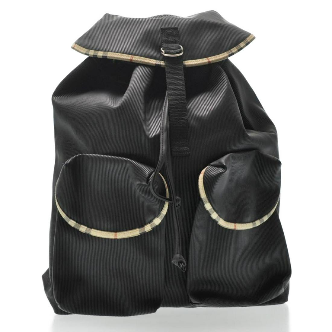 Authentic BURBERRY BACKPACK PVC Leather Backpack: Brand: BURBERRY Material: PVC Leather Style: Backpack Color: Black Size(inch): W13.77 x H16.92 x D5.51inch(Approx) Country of Origin: China Accessory: There is no item box and dust bag. We will send o