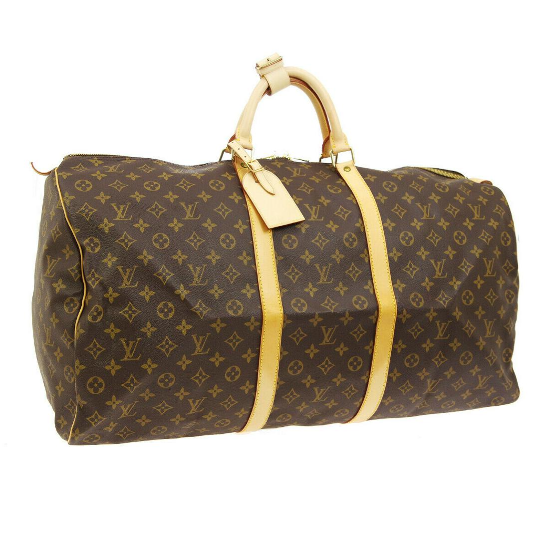 Authentic LOUIS VUITTON Monogram Canvas, Leather Travel: Brand: LOUIS VUITTON Material: Monogram Canvas, Leather Style: Travel Hand Bag Color: Brown Size(inch): W24.0 x H12.6 x D10.2 " / Strap Drop: 3.5 Size(inch): W 24.0 x H 12.6 x D 10.2 "Handle Drop. 3.5