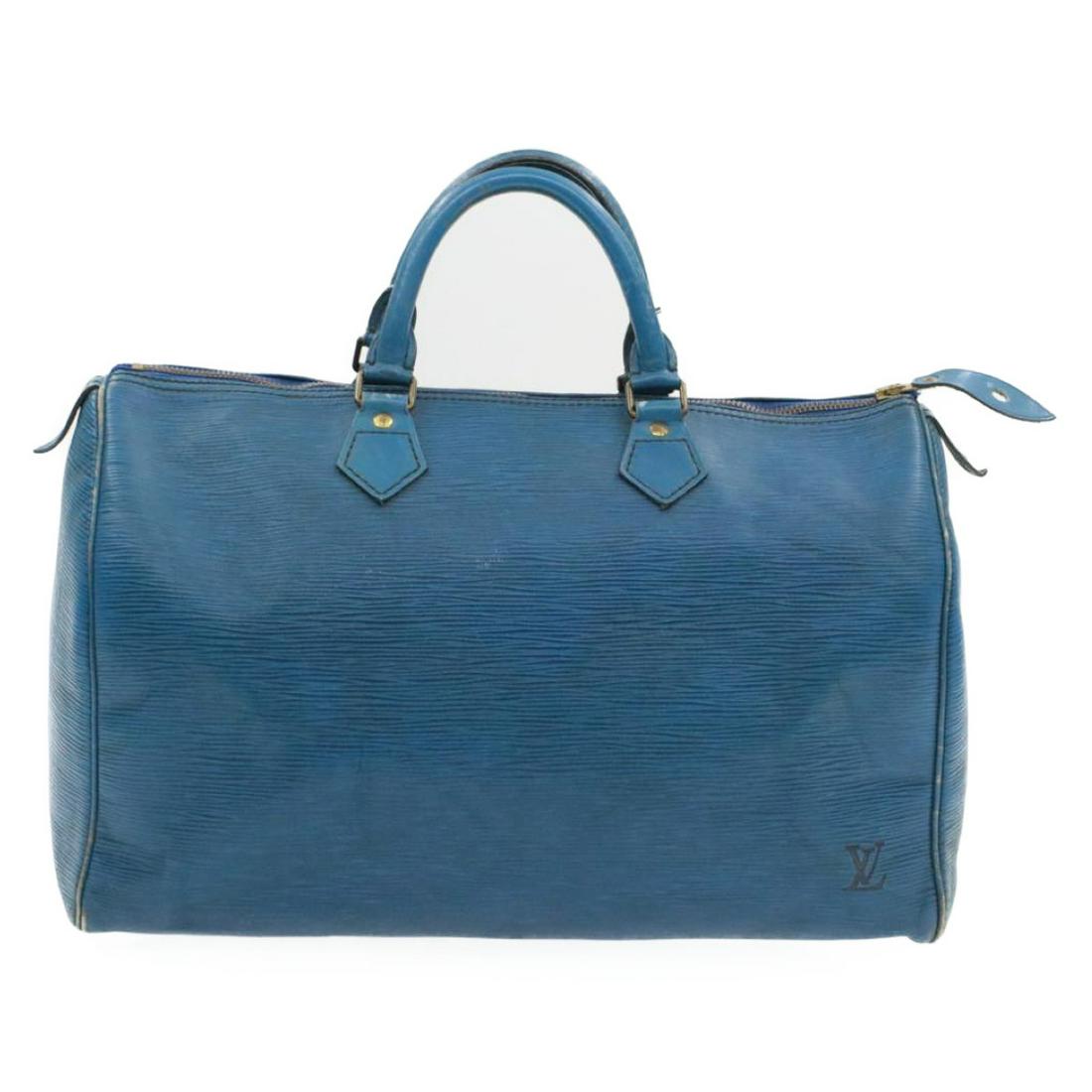 Authentic LOUIS VUITTON SPEEDY 35 Epi Leather Hand Bag: Brand: LOUIS VUITTON Material: Epi Leather Style: Hand Bag Color: Blue Size(inch): W14.56 x H9.44 x D7.48inch(Approx) Country of Origin: France Accessory: There is no item box and dust bag. We will se