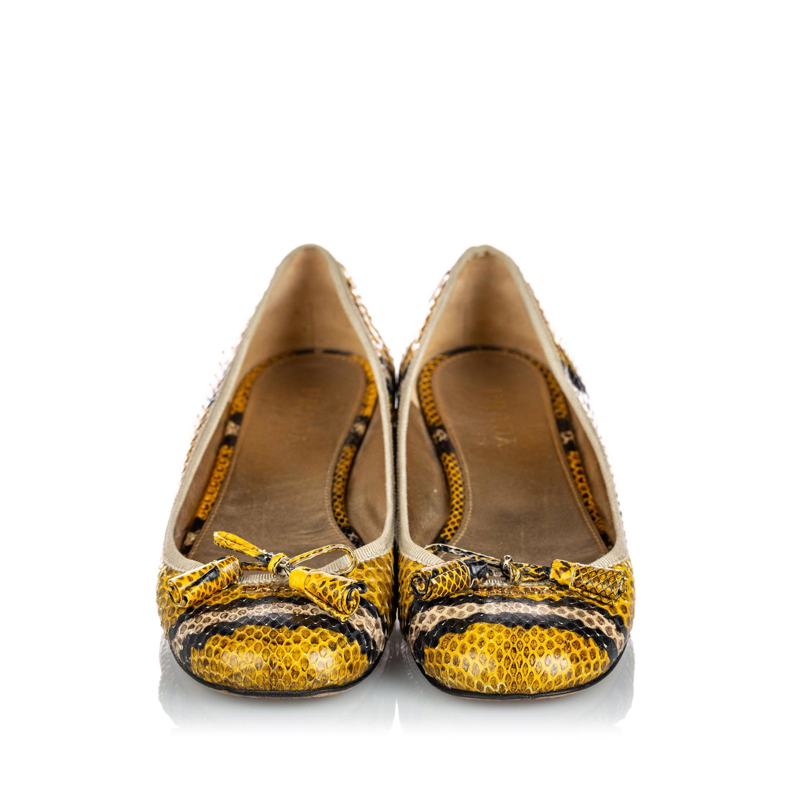 Authentic Prada Python Leather Ballerina: This flat features a python leather upper, a ribbon detail, leather insoles, and leather soles. Brand: Prada Model: Python Leather Ballerina Origin: Italy Category: Flats Color: Yellow x Multi Style: 