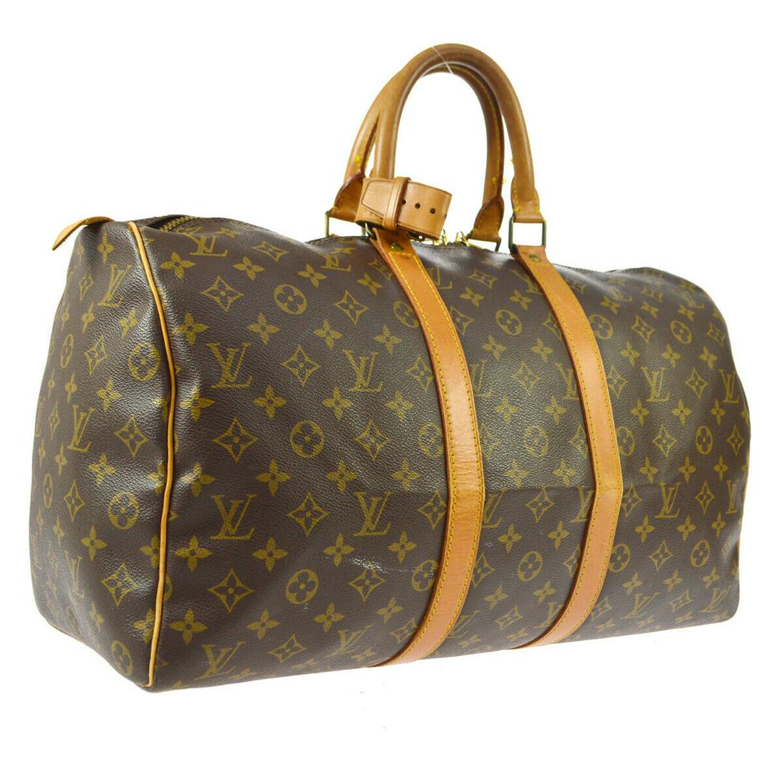 Authentic LOUIS VUITTON Monogram Canvas, Leather Travel: Brand: LOUIS VUITTON Material: Monogram Canvas, Leather Style: Travel Hand Bag Color: Brown Size(inch): W18.1 x H10.2 x D8.3 " Size(inch): W 18.1 x H 10.2 x D 8.3 "Handle Drop. 3.5 " Country of Origin