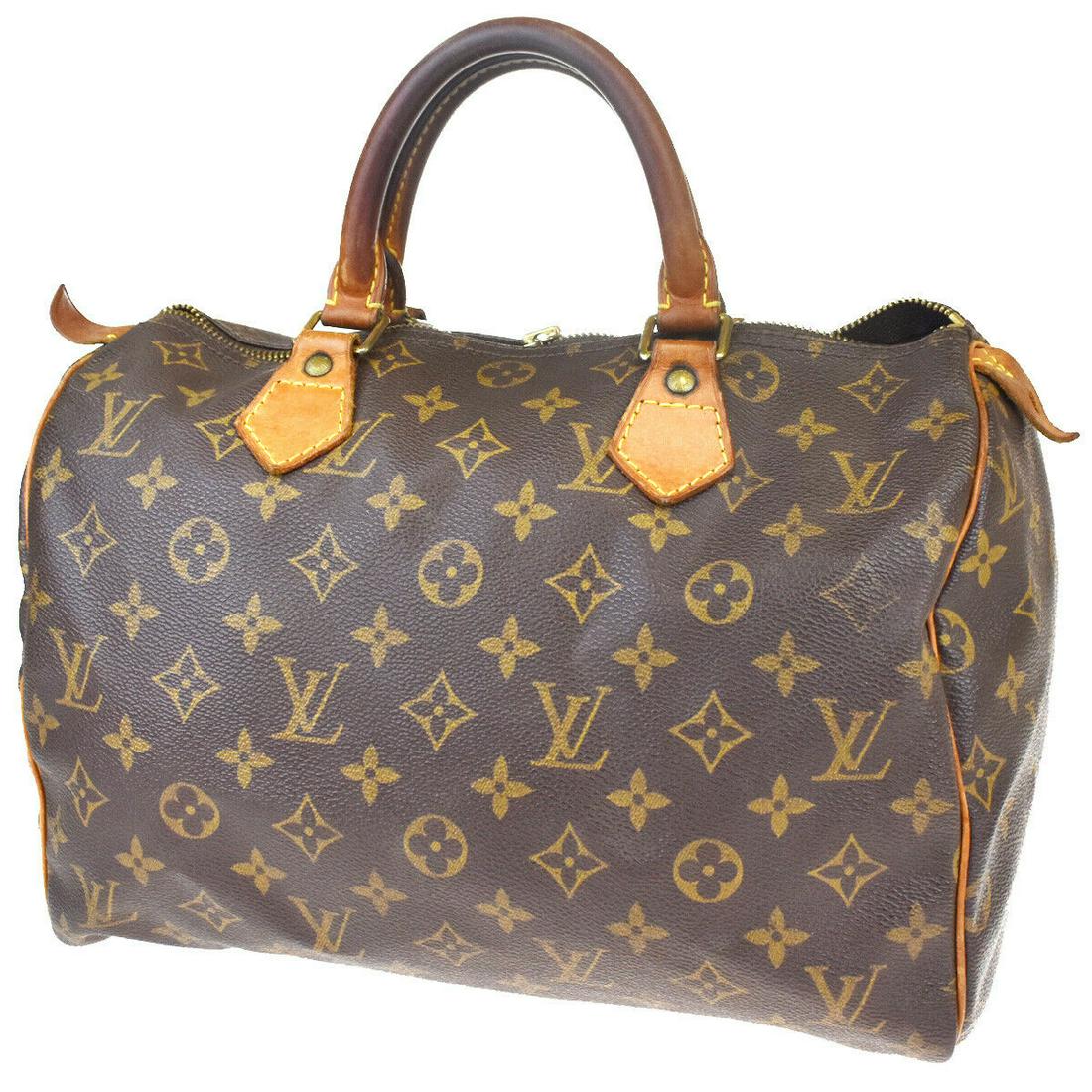 Authentic LOUIS VUITTON SPEEDY 30 Monogram Leather Hand: Brand: LOUIS VUITTON Material: Monogram Leather Style: Hand bag Color: Brown Size(inch): W 11.8 x H 8.3 x D 6.7 "(approx.) Country of Origin: France Come with: All Bidhaus items come with a 100% money