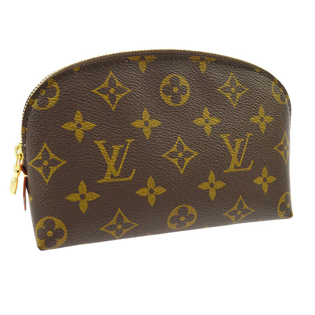 Authentic LOUIS VUITTON Monogram Canvas, Leather: Brand: LOUIS VUITTON Material: Monogram Canvas, Leather Style: Cosmetic Pouch Color: Brown Size(inch): W7 in x H5 in x D2 in " Size(inch): W 6.5 x H 4.7 x D 2.4 " Country of Manufacture: Spain Come wi