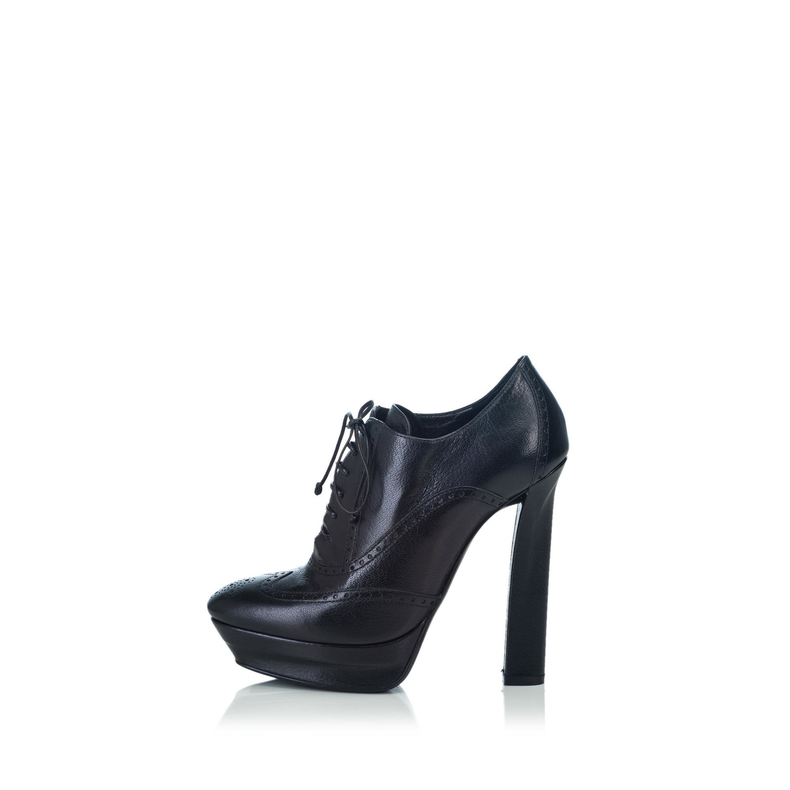 Authentic Bottega Veneta Leather Brogued Ankle Boots: These ankle boots feature a leather upper with brogued details, raw eyelets, leather laces, a leather tongue, leather lining and insole, a leather wrapped heel and double platform, and a leather sole.