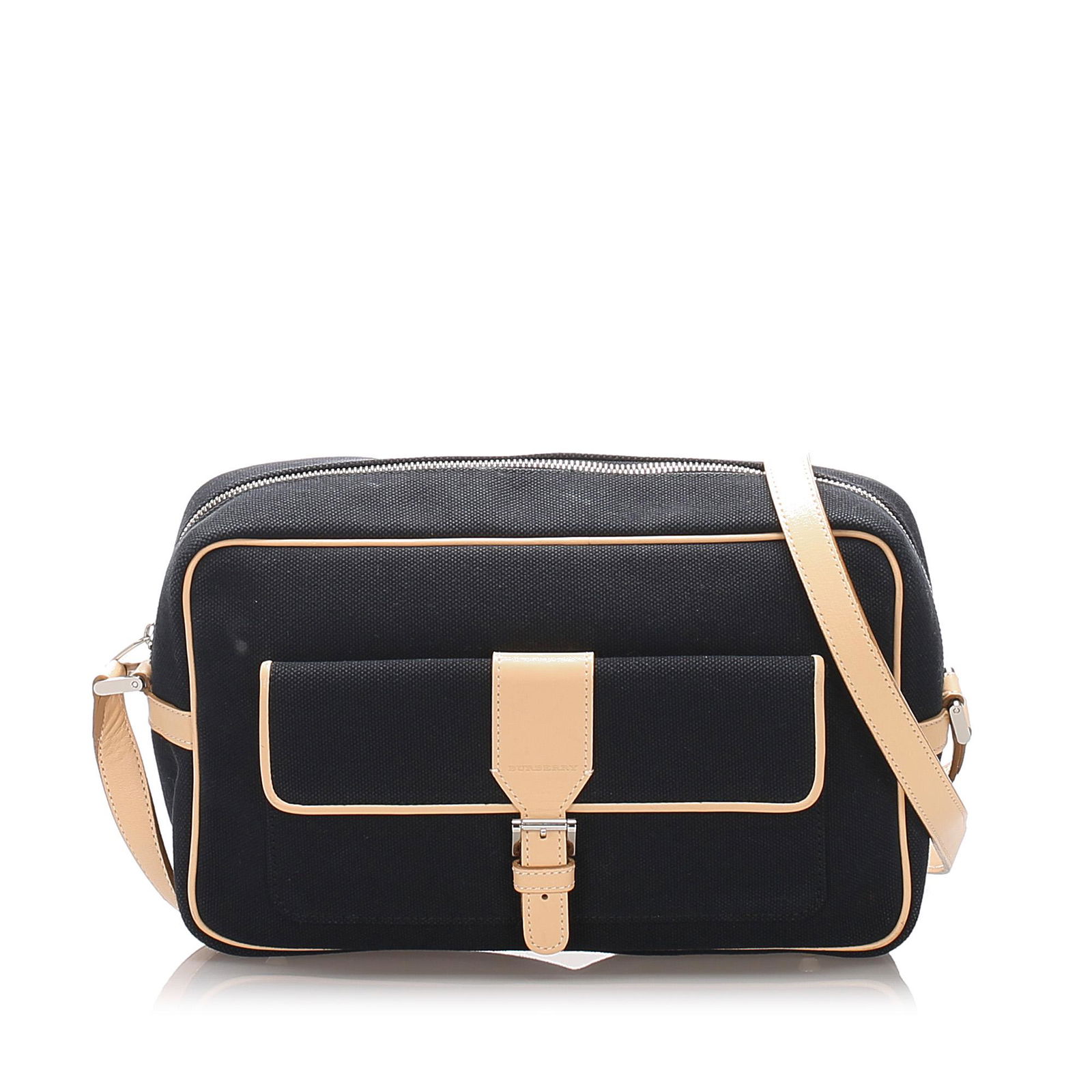 Authentic Burberry Canvas Crossbody Bag: This crossbody bag features a canvas body with leather trim, a front exterior flap pocket, a flat leather strap, a top zip closure, and an interior zip pocket. Brand: Burberry Model: Canvas Crossbody