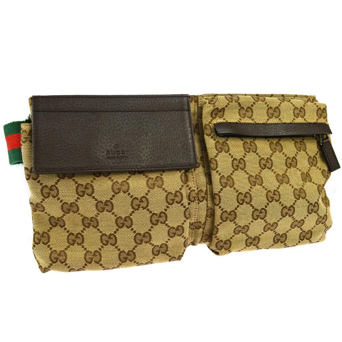 Authentic GUCCI Canvas, Leather Bum Bag: Brand: GUCCI Material: Canvas, Leather Style: Bum Bag Color: Brown, Red, Green Size(inch): W 11.4 x H 6.3 x D 0.8 "Belt Size. 33.5 - 47.2 " Country of Origin: Italy Come with: - All Bidhaus items come