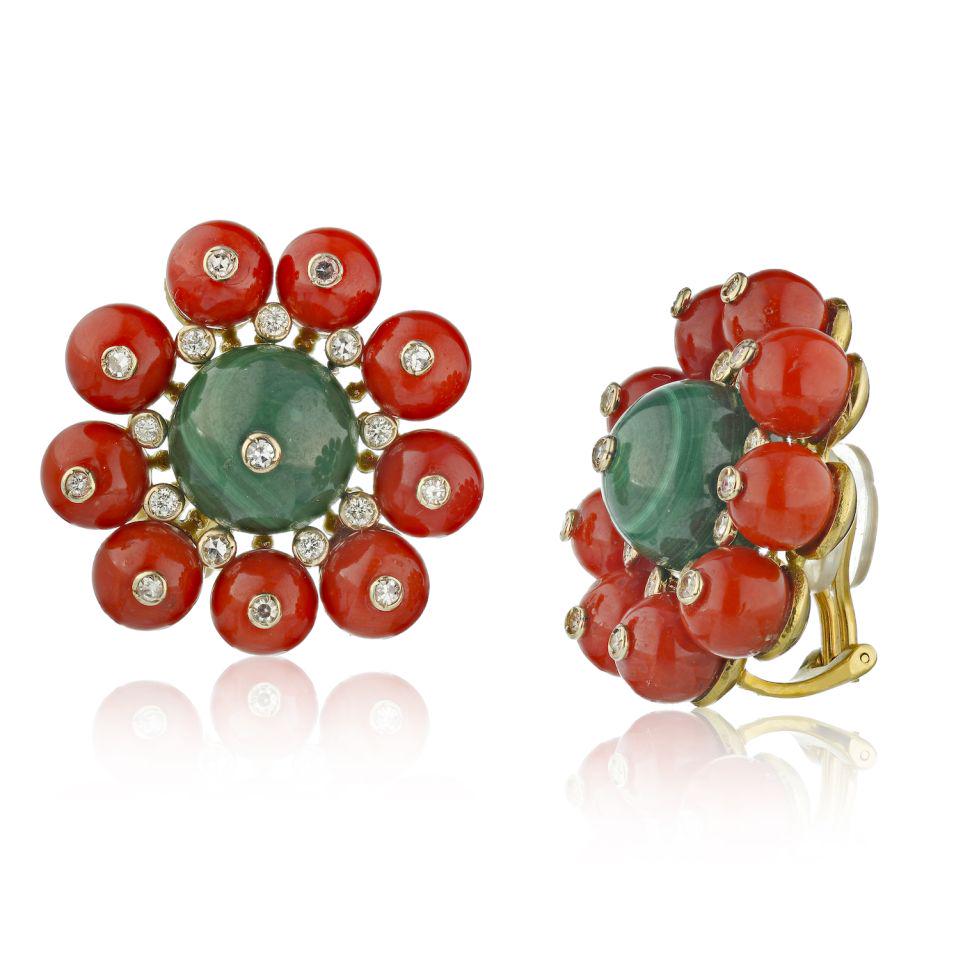 Flower Vintage Earring: Type:Vintage Earrings Style:Flower Metal:18K Yellow Gold Grams:30.1 Exact Diamond Weight:1.5 Cts Other Details:Coral & Malachite W/ 36 Diamonds