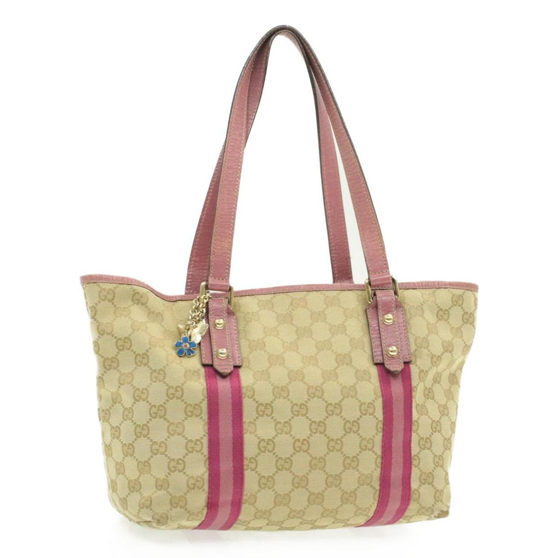 Authentic GUCCI Canvas Tote Bag: Brand: GUCCI Material: Canvas Style: Tote Bag Color: Pink / Beige Size(inch): W18.89 x H8.26 x D5.51inch(Approx) Country of Origin: Italy Accessory: There is no item box and dust bag. We will send onl