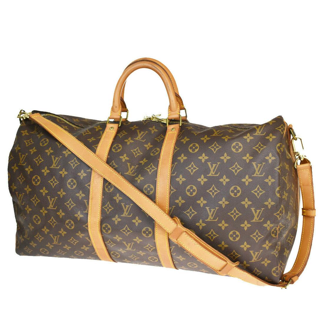 Authentic LOUIS VUITTON Monogram , Leather HAND BAG: Brand: LOUIS VUITTON Material: Monogram , Leather Style: HAND BAG Color: Browns Size(inch): W 21.7 x H 11.8 x D 9.8 "(approx.) Country of Origin: - Come with: Shoulder strap(Little Crack), All Bidhaus