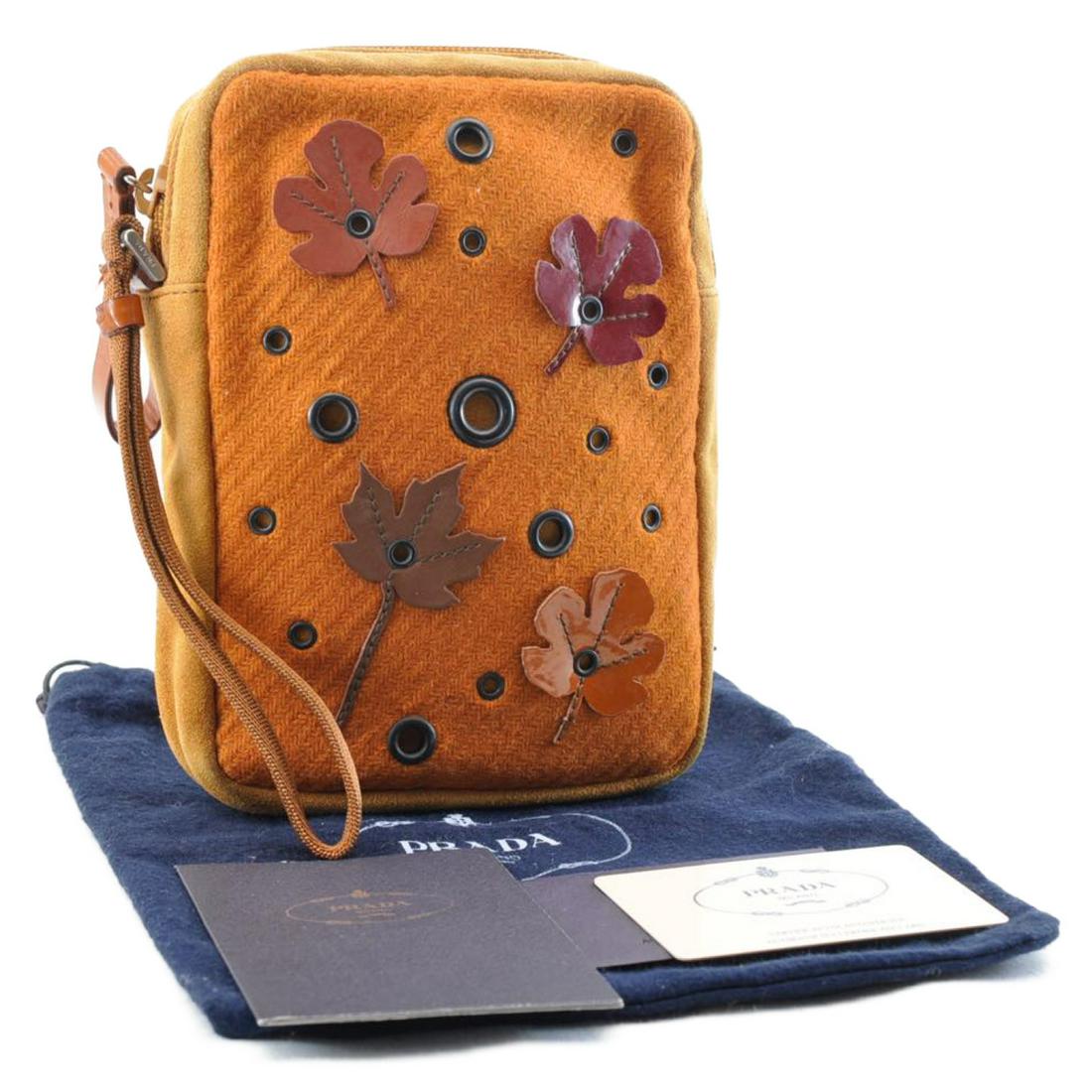 Authentic PRADA SuÃ¨de / Wool Pouch: Brand: PRADA Material: SuÃ¨de / Wool Style: Pouch Color: Orange Size(inch): W13.38 x H7.87 x D8.66inch(Approx) Country of Origin: Italy Accessory: Dust Bag / Guarantee Card / Instruction Manual Card