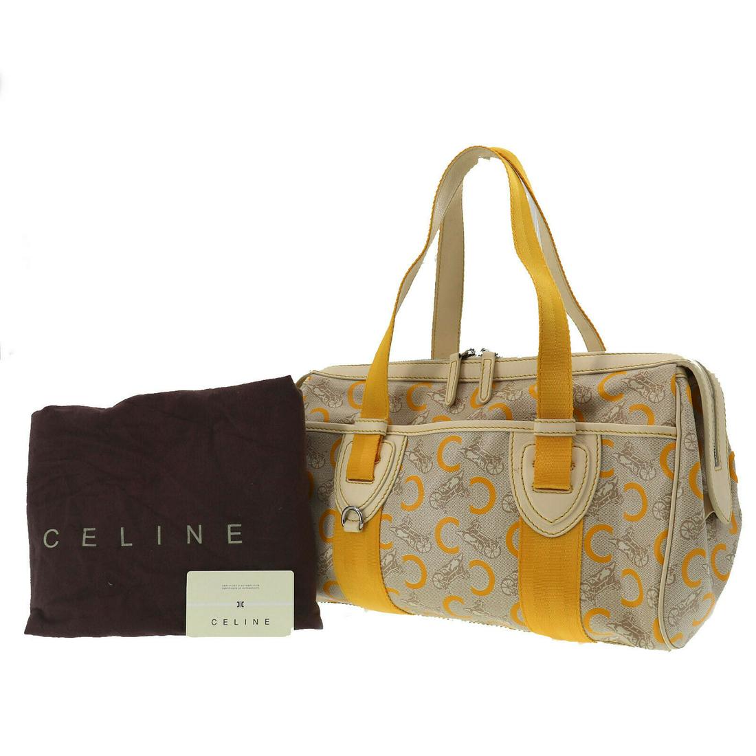 Authentic CELINE PVC Hand Bag: Brand: CELINE Material: PVC Style: Hand Bag Color: Ivory, Yellow Size(Inch): H 9.4 x D 5.9 x L 12.9Handler: 19.6 Country of Origin: China Come with: Authenticity CardDust Bag All Bidhaus items come wi