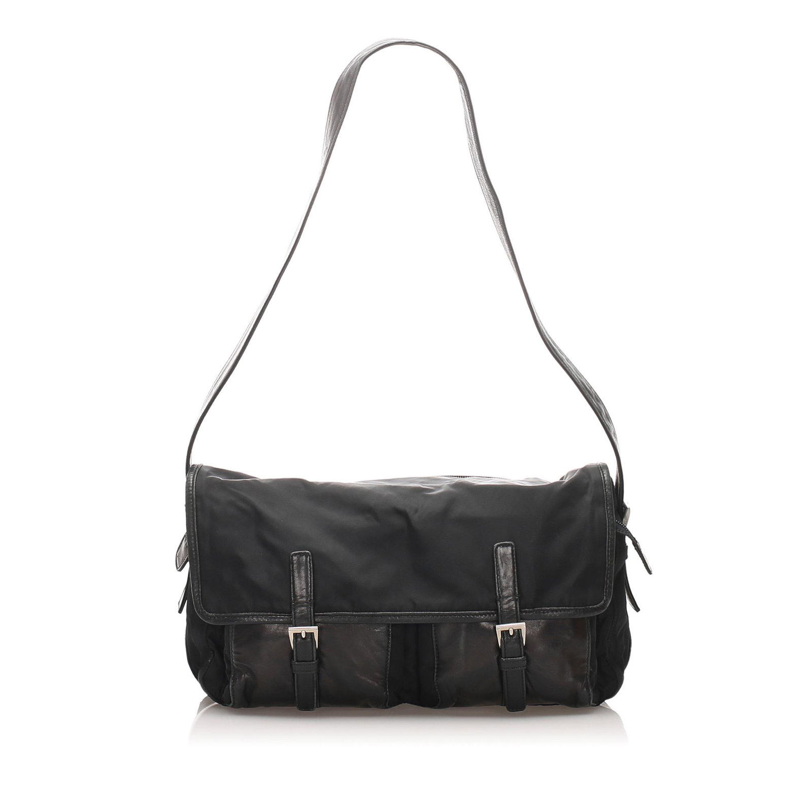 Authentic Prada Tessuto Crossbody Bag: This crossbody bag features a nylon body with leather trim, an exterior back zip pocket, exterior front open pockets, an adjustable flat leather strap, a front flap with buckle closures, an interior z