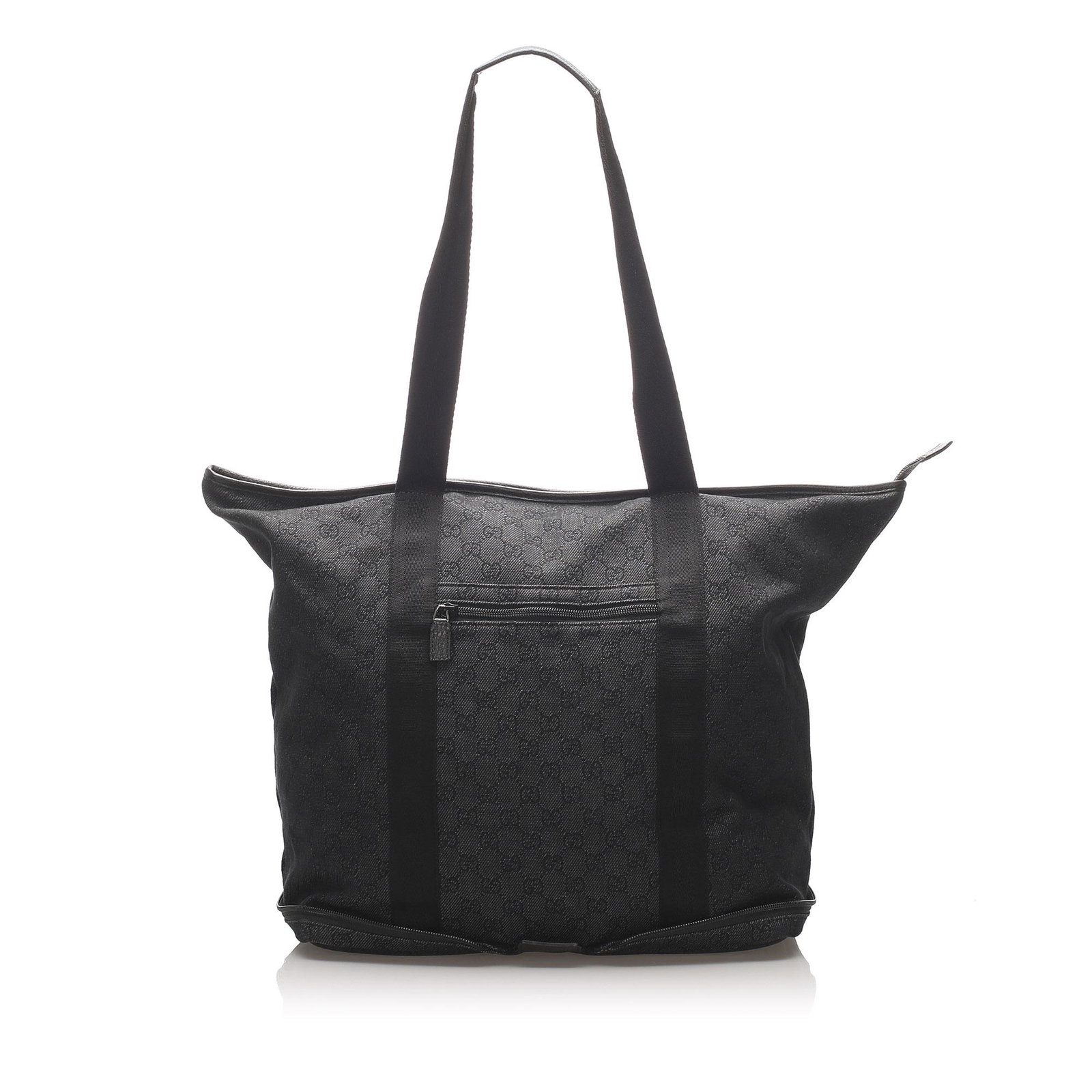 Authentic Gucci Gg Canvas Collapsible Tote Bag: This tote bag features a canvas body, a front exterior zip pocket, flat handles, and a top zip closure.Brand: Gucci Model: GG Canvas Collapsible Tote Bag Origin: Italy Category: Tote Bag Color: Black 