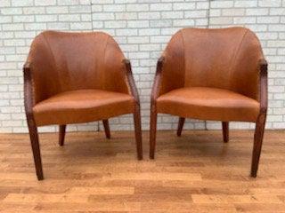 George III Kittinger Style Barrel Back Tub Lounge: George III Kittinger Style Barrel Back Tub Lounge Chairs Newly Upholstered in High End Italian Distressed Cognac Leather - Pair Circa 1960 H 36" W 26" D 26" Seat H 19" Great vintage condition Please b