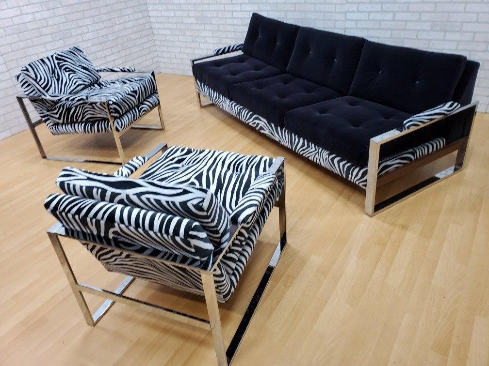 Mid Century Modern Milo Baughman Chrome Flat Bar Parlot: Mid Century Modern Milo Baughman Chrome Flat Bar Parlot Set Newly Upholstered in High End "Midnight Black" Mohair - 3 Piece Set This Funky Low Slung Milo Baughman Seating Group is Comprised of a Three