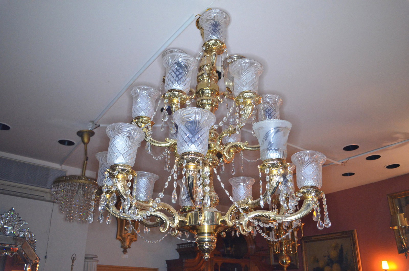 Antique Victorian Three Tier Brass and Crystal: Antique Victorian Three Tier Brass and Crystal Chandelier Circa 1920 In working condition. Selling as is! W 35" H 49" Good condition Please be aware that all the items are vintage and may have small d