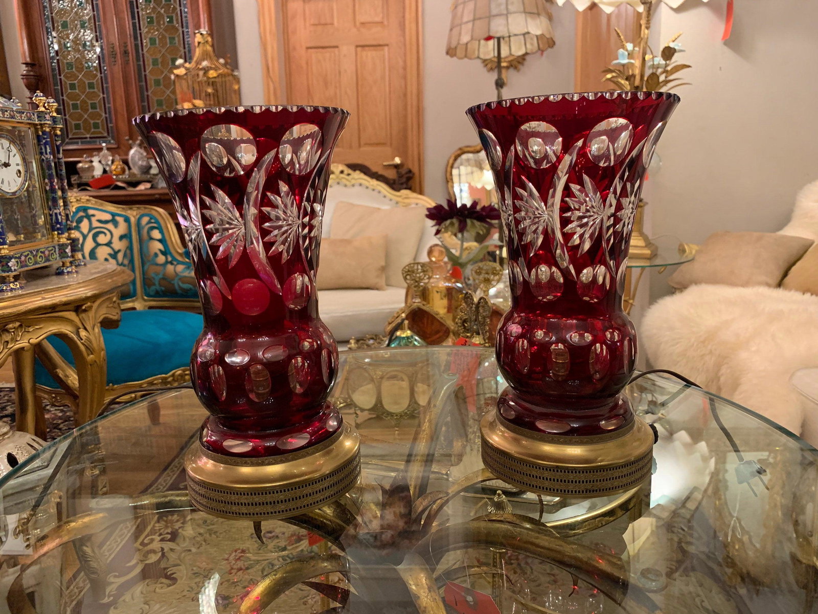 Antique Crystal Table Lamps - Pair: Antique Crystal Table Lamps - Pair Light function and cord is in good condition. Circa 1920 H 10” D 5” Bottom D 5.5” Top Good condition Please be aware that all the items are vintage
