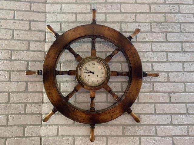 Nautical Style Wood Ship Wheel Wall Clock: Nautical Style Wood Ship Wheel Wall Clock Circa 1980 H 19" W 30" D 30" Good vintage condition Please be aware that all the items are vintage and may have small defects of signs of age. However I striv