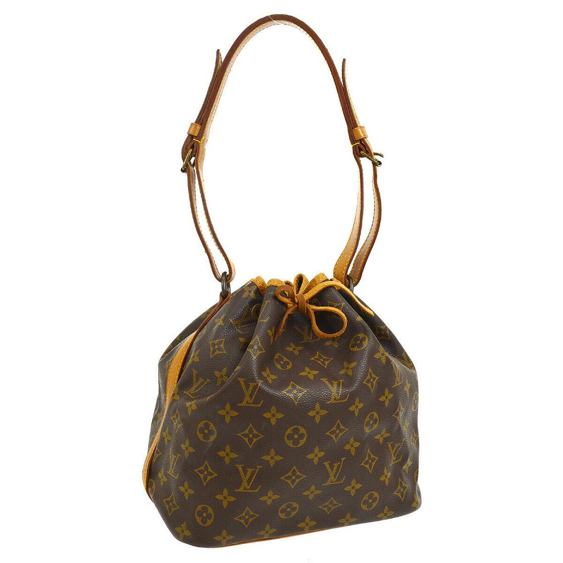 Authentic LOUIS VUITTON NOE Monogram Canvas, Leather: Brand: LOUIS VUITTON Material: Monogram Canvas, Leather Style: Shoulder Bag Color: Brown Size(inch): W9.4 x H10.2 x D7.1 " / Strap Drop: 10.2 - 12.2 Size(inch): W 9.4 x H 10.2 x D 7.1 "Strap Drop. 10.