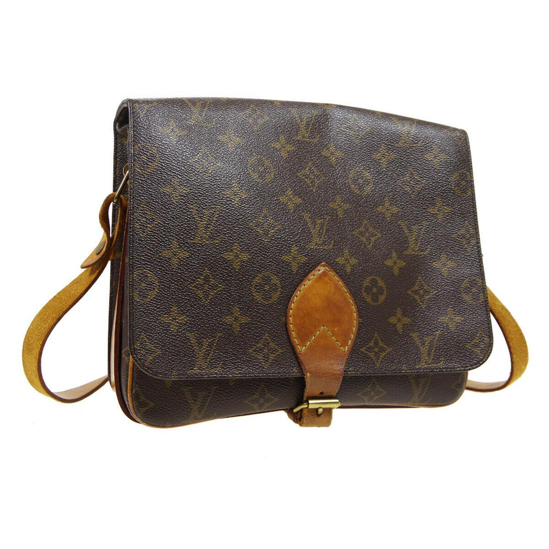 Authentic LOUIS VUITTON CARTOUCHIERE Monogram Canvas,: Brand: LOUIS VUITTON Material: Monogram canvas, Leather Style: Cross Body Color: Brown Size(inch): W9.8 x H8.3 x D3.0 " Size(inch): W 9.8 x H 8.3 x D 3.0 "Strap Drop. 12.6 - 23.2 " Country of Origin: 