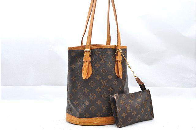 Authentic LOUIS VUITTON BUCKET PM Monogram Canvas: Brand: LOUIS VUITTON Material: Monogram Canvas Style: Shoulder Bag Color: Brown Size(inch): W8.7xH10xD6.3"/Strap Drop 5.9-9.8"(Approx) Country of Origin: United States Accessory: Pouch All Bidhaus ite
