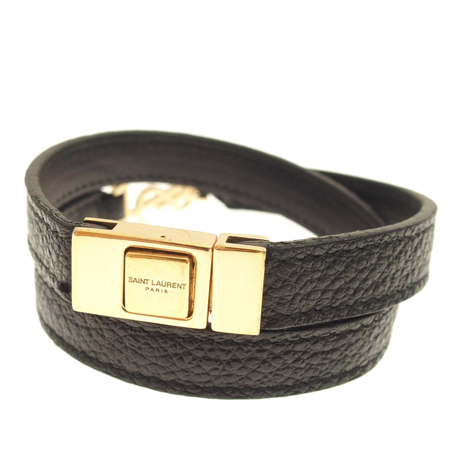 Authentic Ysl Double Wrap Leather Bracelet: This bracelet features a leather body with a gold-tone interlocking metal magnetic closure.Brand: YSL Model: Double Wrap Leather Bracelet Origin: Italy Category: Costume Bracelet Color: Black x Gold S