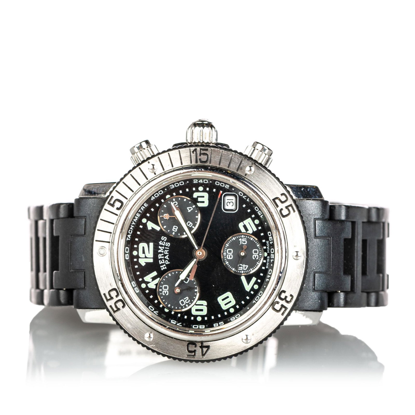 Authentic Hermes Clipper Diver Chronograph Quartz: This watch features a stainless steel case, a rubber strap with a hidden clasp, and quartz movement. Watch Specifications: Face: about 2 cm × 2 cm Case: about 3 cm × 3 cm excluding crown B