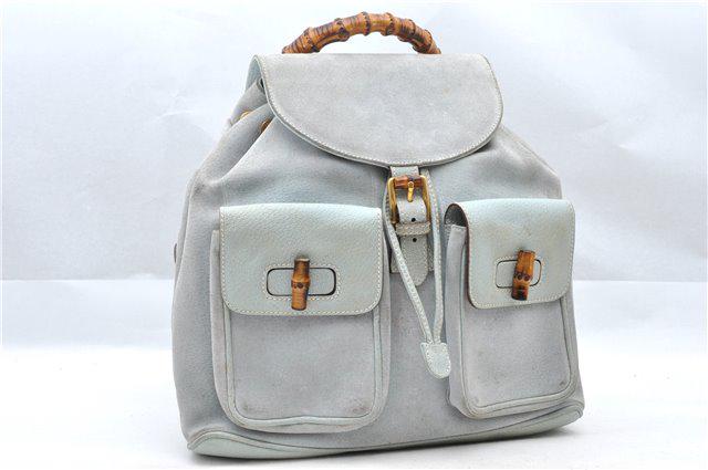 Authentic GUCCI BACKPACK Suede/Leather Backpack: Brand: GUCCI Material: Suede/Leather Style: Backpack Color: Light Blue Size(inch): W12.2xH11xD3.9"/Strap Drop13.4-16.1"(Approx) Country of Origin: Italy Accessory: There is no ItemBox and DustBag.We w