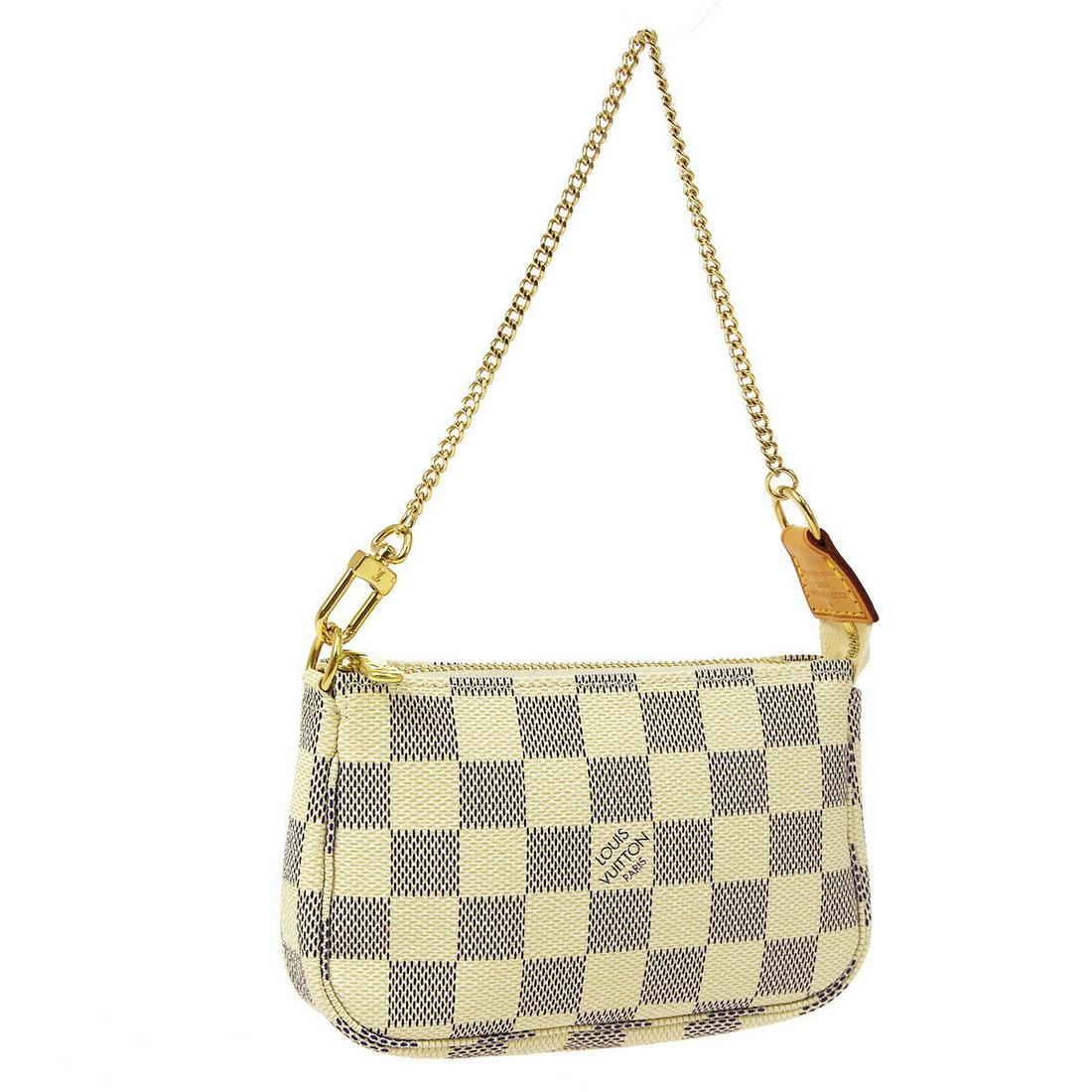 Authentic LOUIS VUITTON Damier Azur Canvas, Leather: Brand: LOUIS VUITTON Material: Damier Azur Canvas, Leather Style: Hand Bag Color: White Size(inch): W6 in x H4 in x D1 in " Size(inch): W 5.9 x H 3.7 x D 1.2 "Handle Drop. 5.9 " Country of Origin: Fra