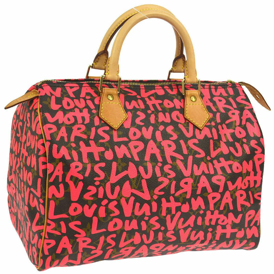 Authentic LOUIS VUITTON SPEEDY 30 Monogram Graffiti: Brand: LOUIS VUITTON Material: Monogram Graffiti Canvas, Leather Style: Hand Bag Color: Brown, Pink Size(inch): W12.2 x H8.5 x D6.9 " / Strap Drop: 3.5 Country of Origin: France Come with: Dust Bag Al
