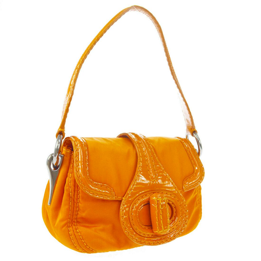 Authentic PRADA Nylon, Patent Leather Hand Bag: Brand: PRADA Material: Nylon, Patent Leather Style: Hand Bag Color: Orange Size(inch): W9.4 x H6.3 x D3.9 " Size(inch): W 9.4 x H 6.3 x D 3.9 "Handle Drop. 7.9 " Country of Origin: Italy Come with: Co