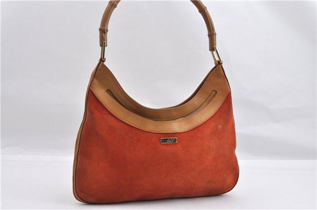 Authentic GUCCI Suede/Leather Hand Bag: Brand: GUCCI Material: Suede/Leather Style: Hand Bag Color: Orange Size(inch): W13.4 x H7.7 x D0.6" / Handle Drop 8.7"(Approx) Country of Origin: Italy Accessory: There is no ItemBox and DustBag.We wi