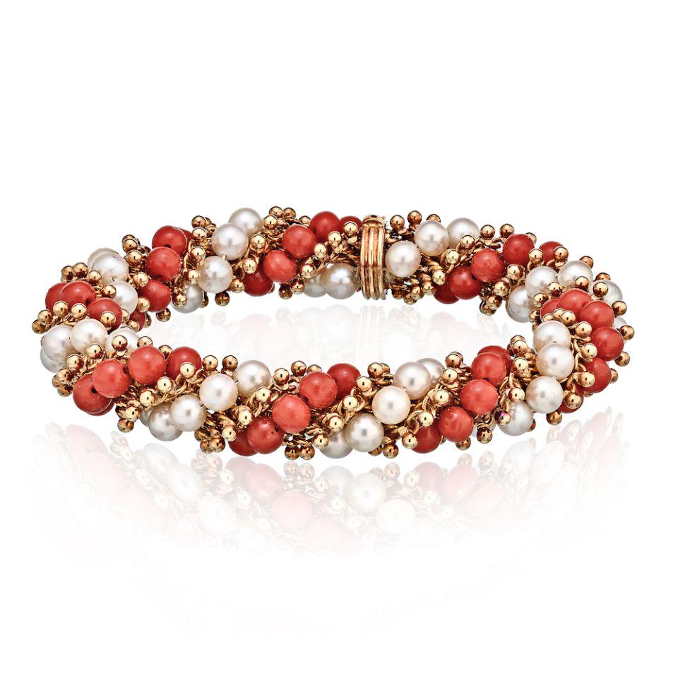 Authentic Van Cleef & Arpels French Vintage Bracelet: Type: Vintage Bracelets Brand: Van Cleef & Arpels Style: French Metal: 18K Yellow Gold Grams: 64.6 Other Details: Vintage Twist Red Coral Cultured Pearl Beaded Mesh 