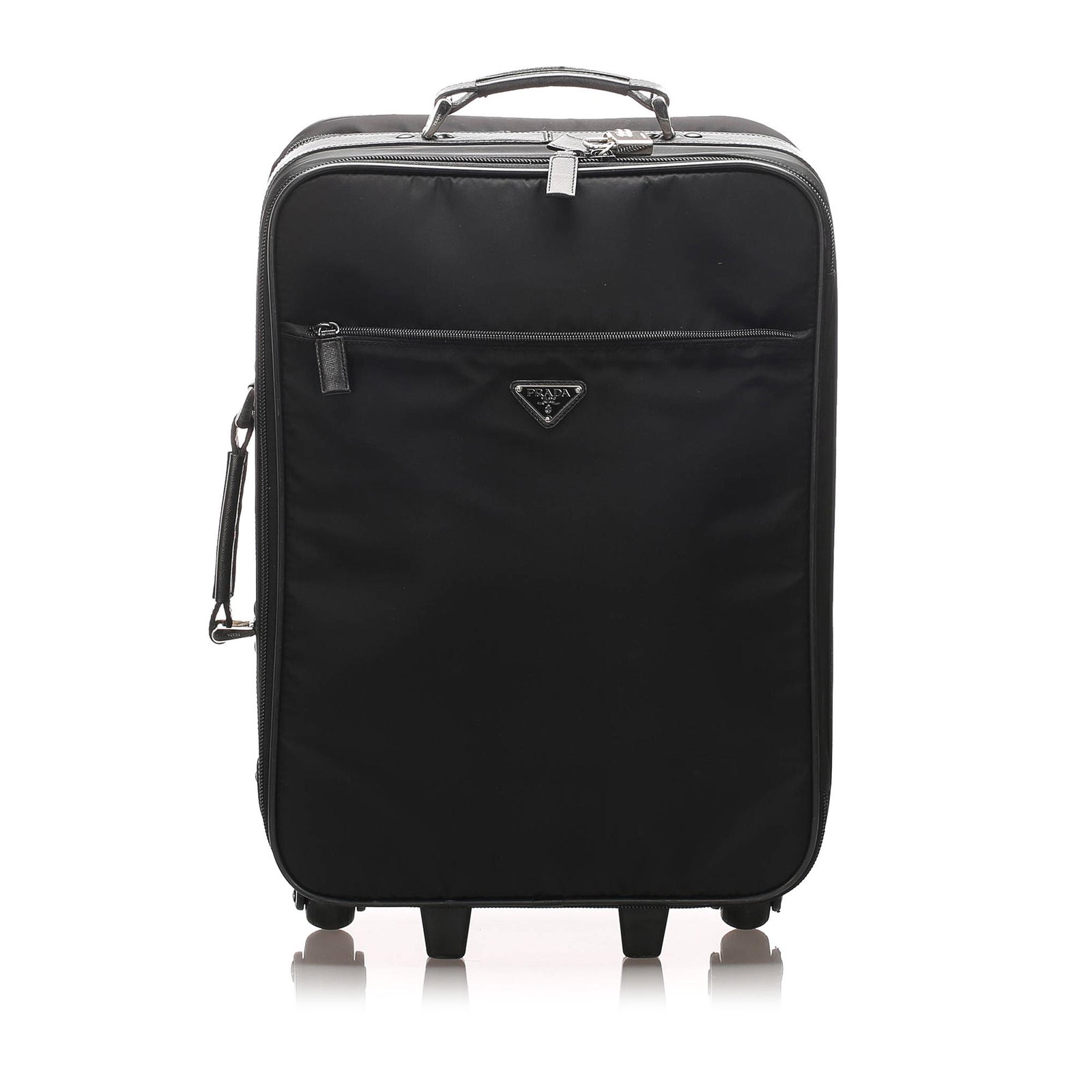 Authentic Prada Tessuto Travel Bag: This travel bag features a nylon body with leather trim a front exterior zip compartment a top flat leather handle a zip around closure and an interior zip compartment. Brand: Prada Model: Tessuto Tra