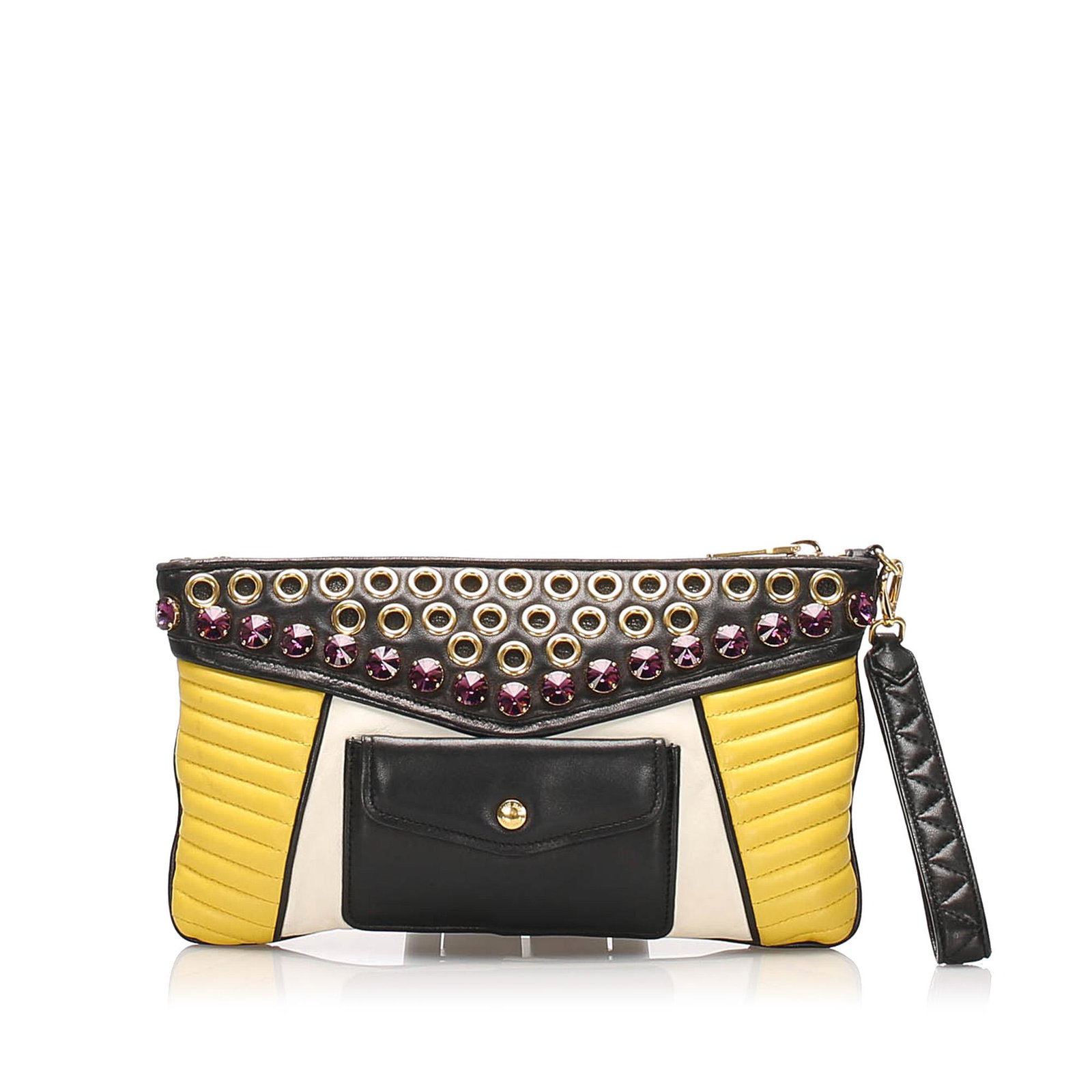 Authentic Miu Miu Biker Crystal Clutch Bag: This clutch features a quilted leather body with crystal embellishments and grommet details an exterior flap pocket with snap button closure a flat wristlet a top zip closure and interior zip and slip