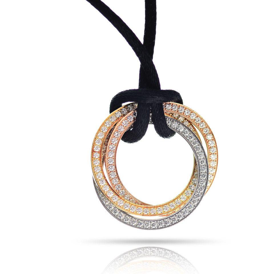 Authentic Cartier Trinity Vintage Necklace: Type: Vintage Necklaces Brand: Cartier Style: Trinity Metal: 18K Yellow Gold Grams: 7.9 Exact Diamond Weight: 1.16 Cts Other Details: Diamond Pave Circle Pend